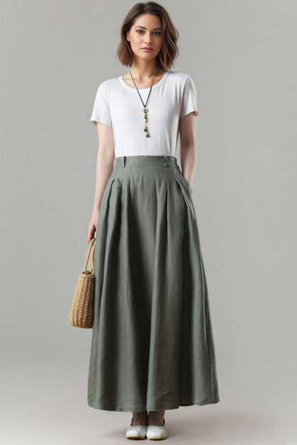 Green Linen Maxi Skirt, A-Line Swing Skirt, Plus Size, Ylistyle C5406