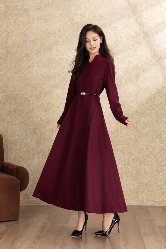 Burgundy winter long wool dress women C4463