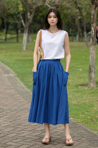 Linen Midi women A-line skirt C4017