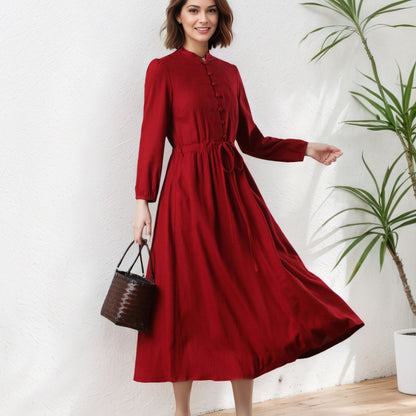 Red Linen Midi Dress: Long Sleeves Button Front Drawstring Waist Dress , Ylistyle C5329