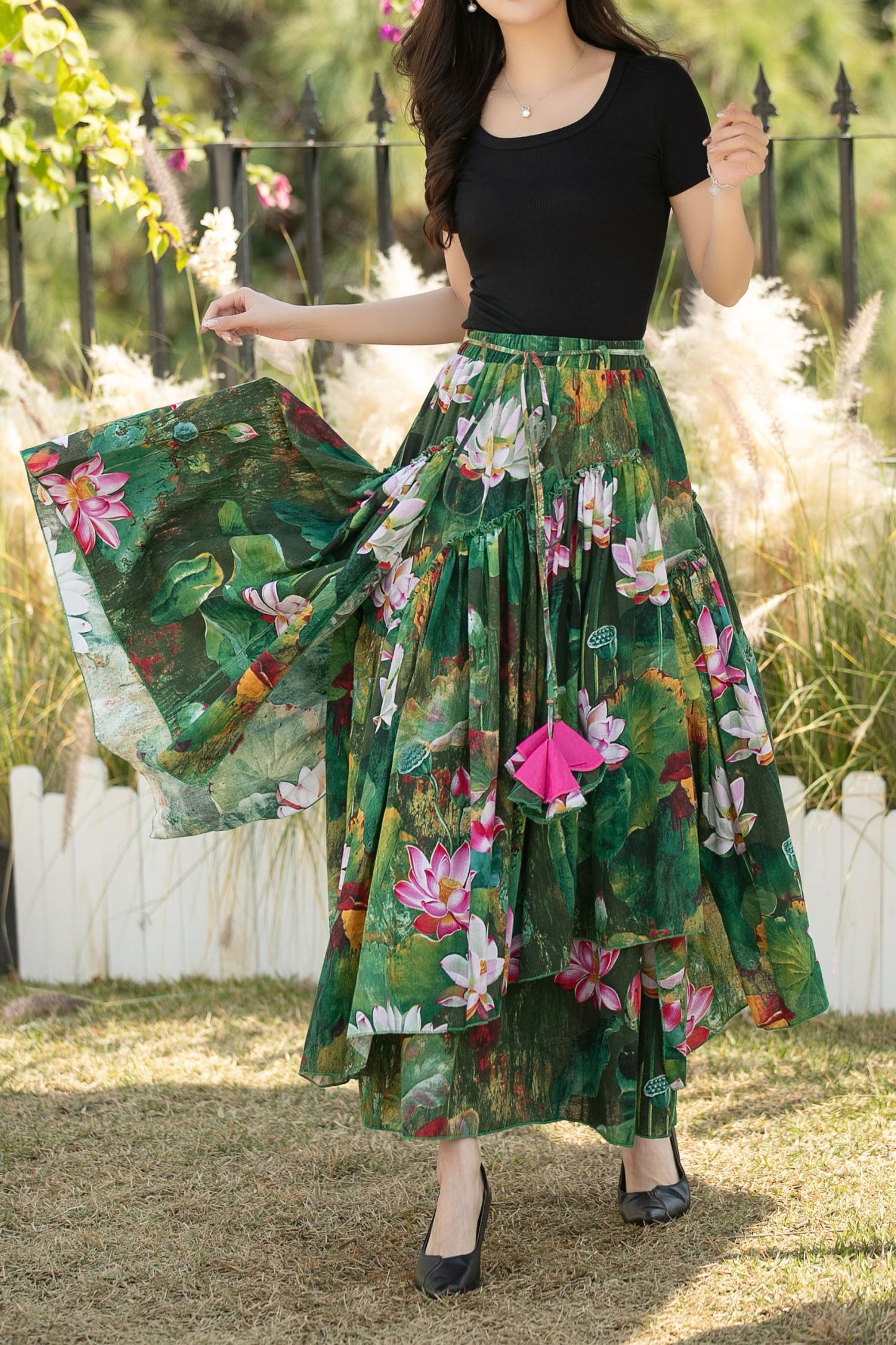 Green Floral Linen Cotton Maxi Skirt with Elastic waistband – High Waisted Pleated Full Skirt for Women, Ylistyle C5438