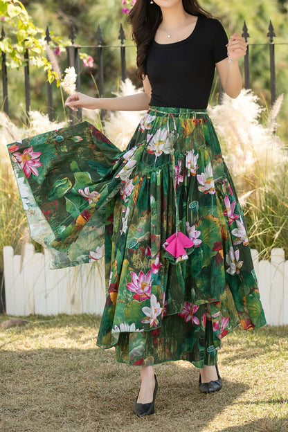 Green Floral Linen Cotton Maxi Skirt with Elastic waistband – High Waisted Pleated Full Skirt for Women, Ylistyle C5438