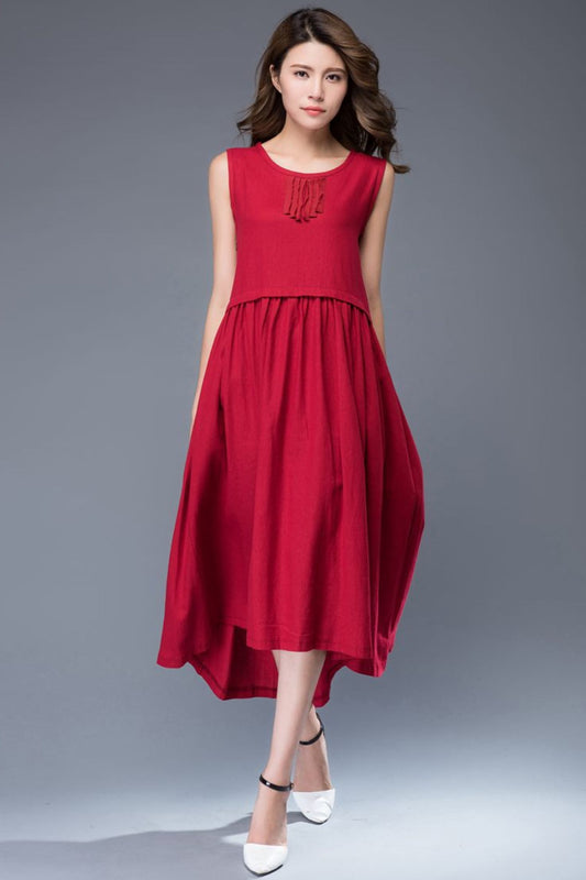 Red linen midi sleeveless loose summer dress C944