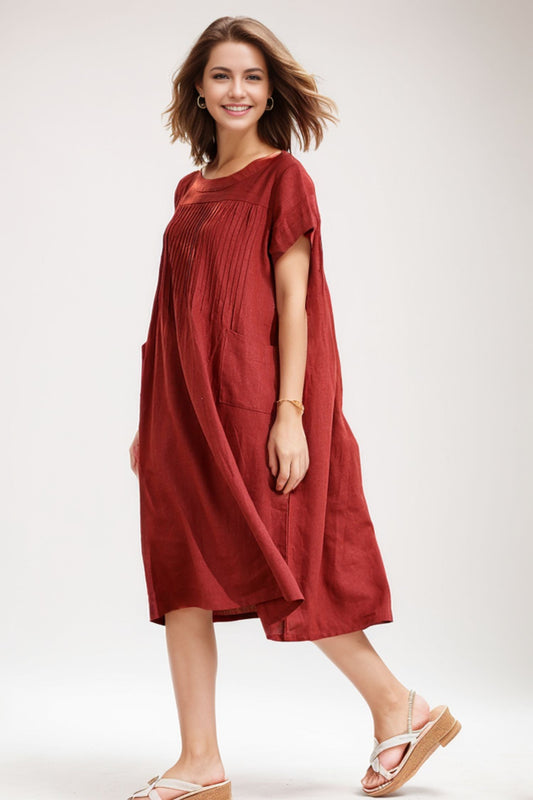 Red linen dress midi dress C283