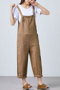 Summer brown casual adjustable linen overalls C1681