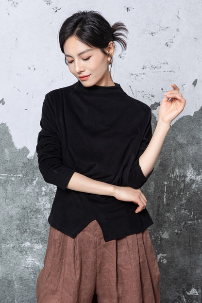 Black Cotton Blouse - Long Sleeve Mock Neck with Asymmetric Hem c5463