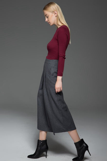 Pleated gray a line winter wool skirt C770