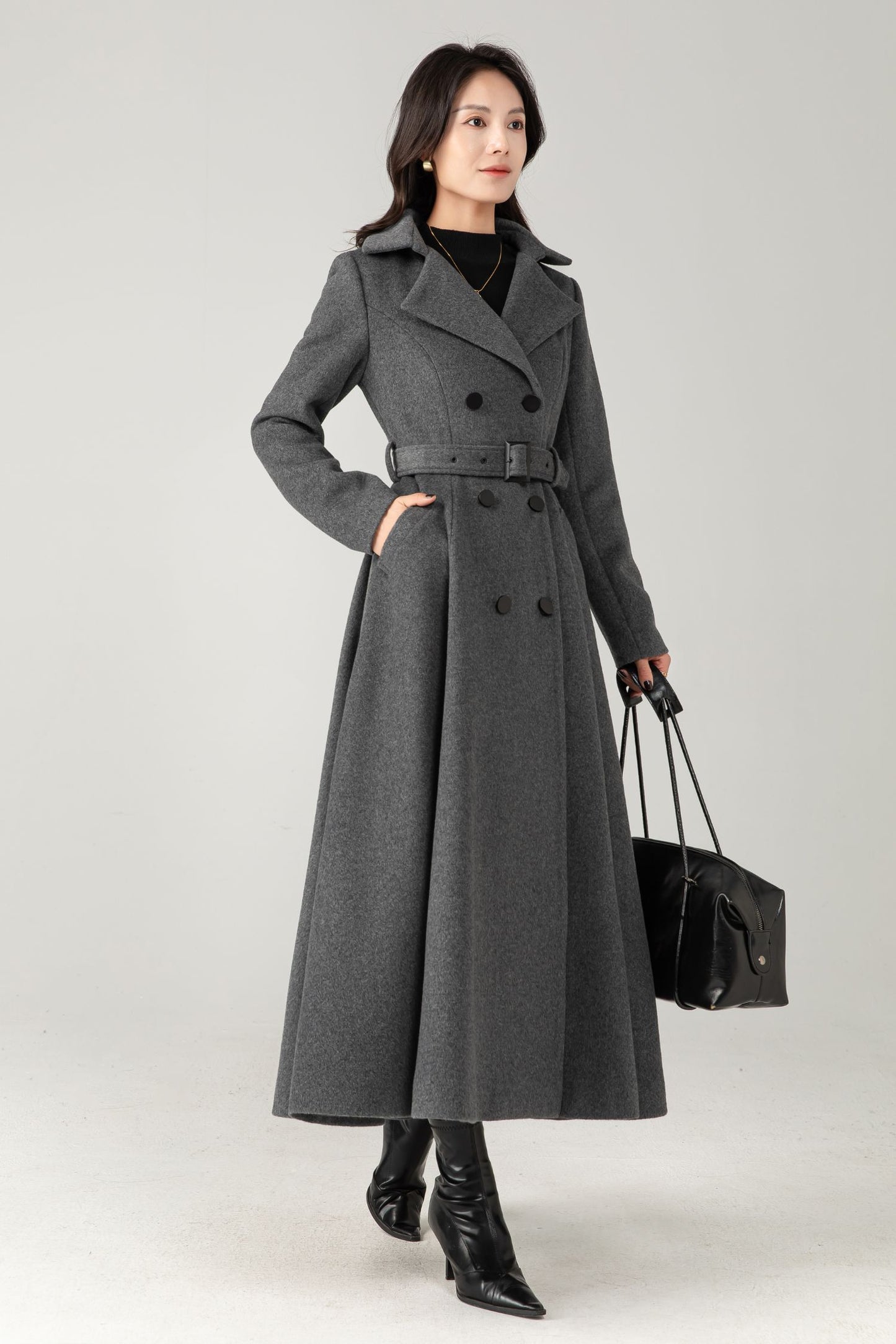 Double breasted long gray winter warm wool coat C5345
