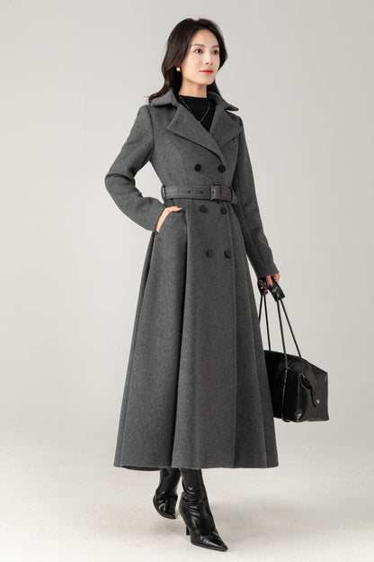 Double breasted long gray winter warm wool coat C5345