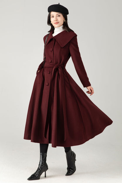 Burgundy Wool Blend Midi Coat: Belted Winter Swing Coat C5337