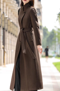 Tie belt long trench wool coat women C4603