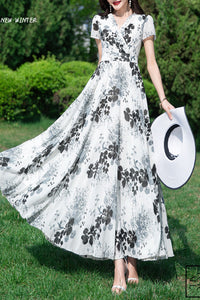 White Printed Women Large Swing Beach Long Dresses C3983