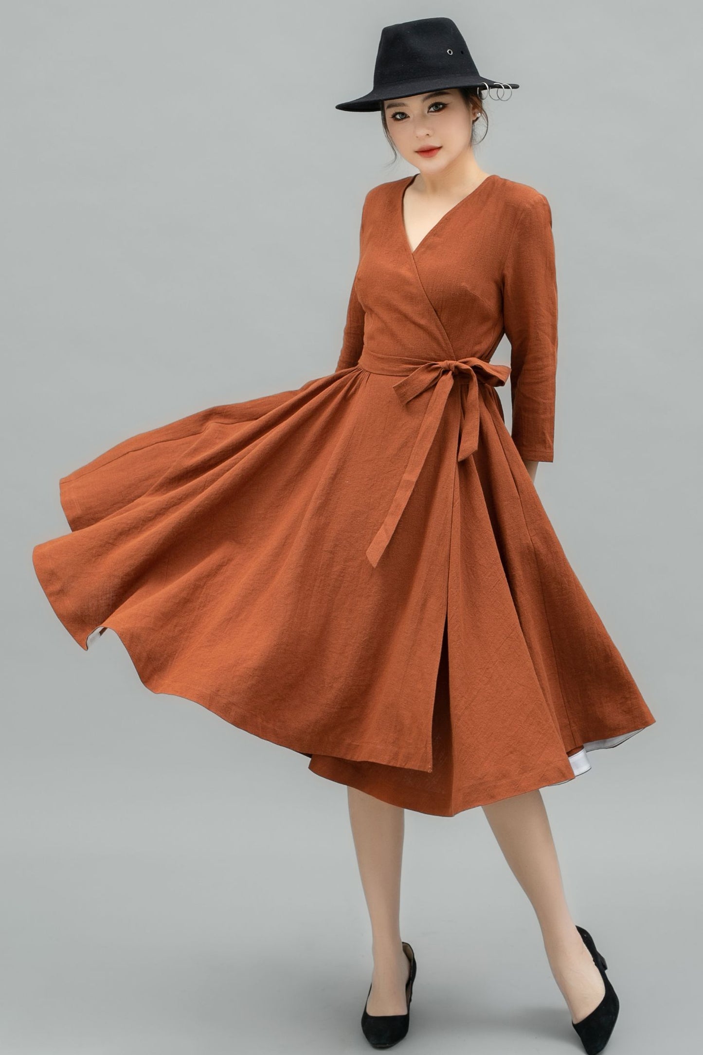 V-Neck Swing Midi linen dress with Waist Tie C4741