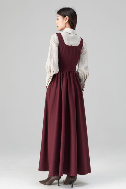 Dark Red Women's Pinafore Wool Dress C5205