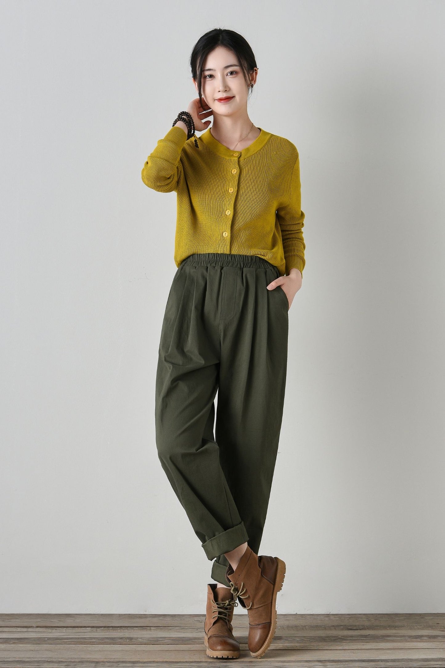 Elastic waist loose fitting cotton pants women C4701