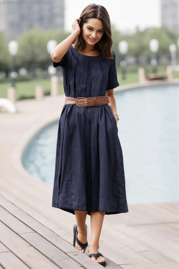 navy linen midi dress with Pockets Now in a rainbow Special Occasion Dresses for Color:Noir Gold X/L