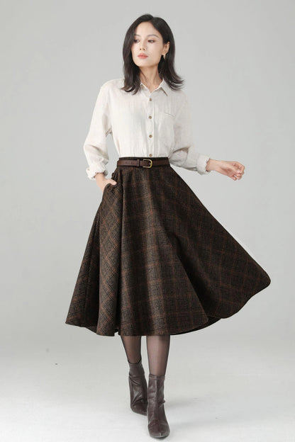 Vintage Brown Plaid Wool Blend Circle Skirt Mid-Calf Length c5696