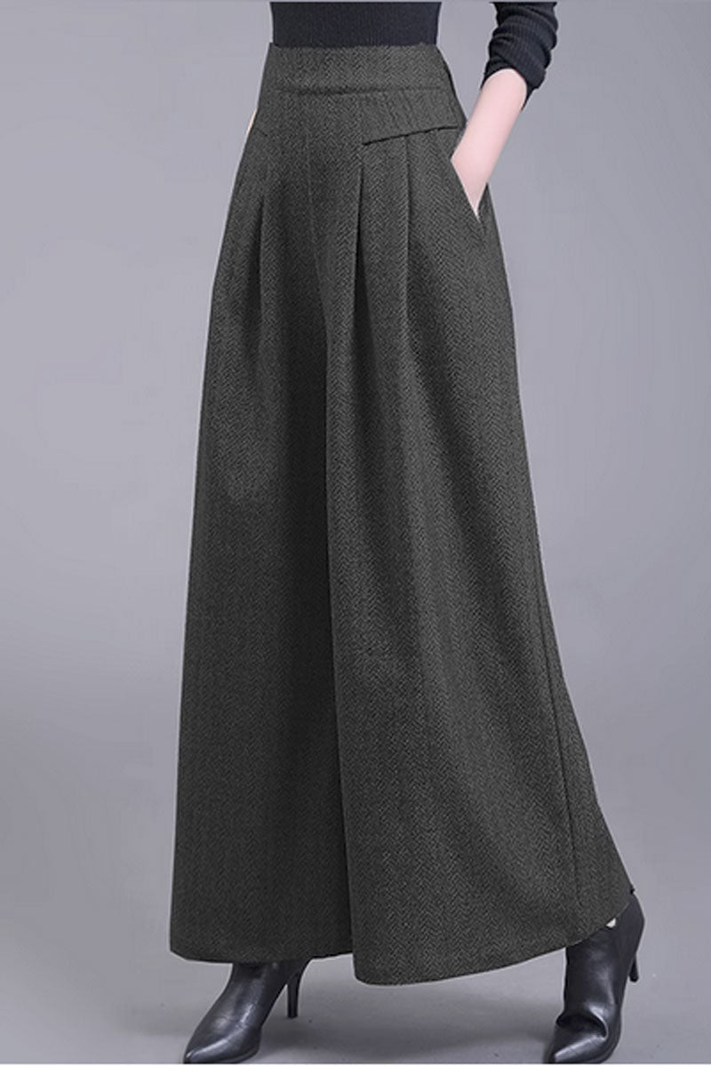 Gray Wool Wide Leg Pants - High Waist Winter Comfort C3436