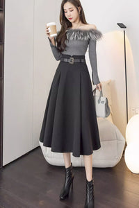 High waisted a line winter wool skirt with pockets C3432