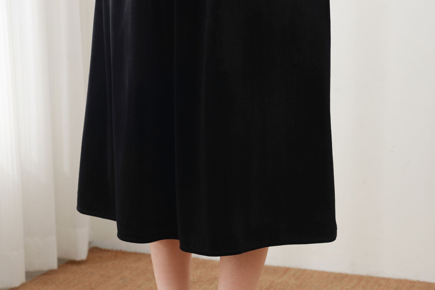 Black Velvet Midi Dress – Sleeveless A-Line Pinafore Dress with Square Neck, Autumn Winter Wear, Handmade, Ylistyle C5447