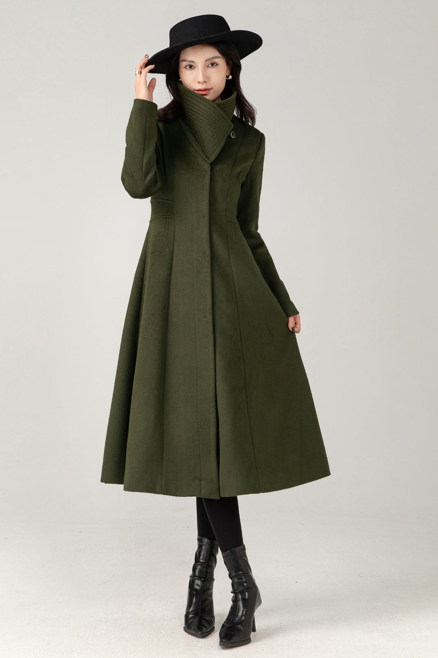 Army Green Wool Midi Coat: Women Tailored Winter Coat with Statement Collar C5335