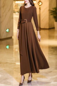 Brown long-sleeved round neck long dress C4180