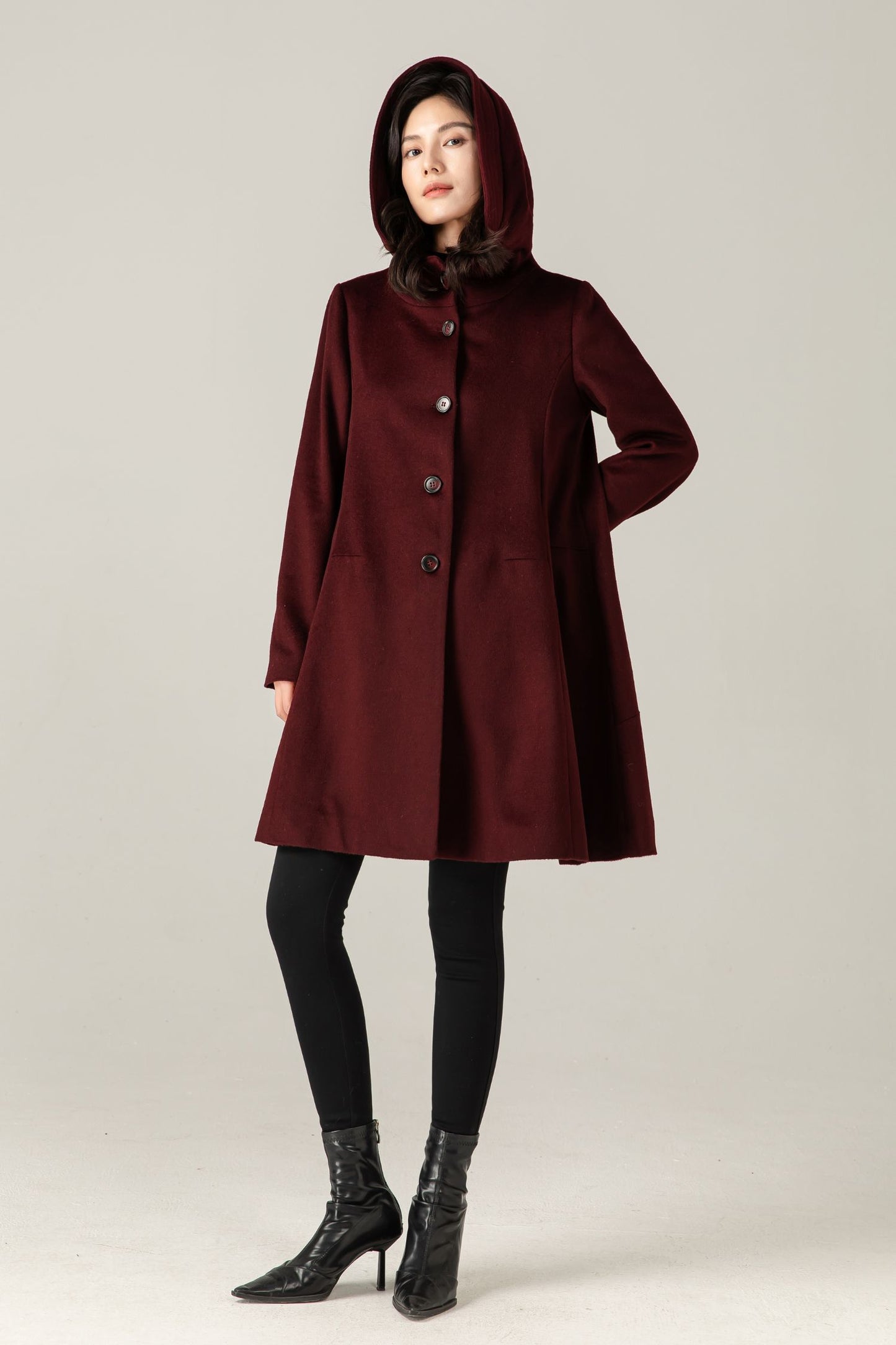 Burgundy Wool Blend Hooded Coat: A-Line Mid-Length Winter Overcoat, Ylistyle C5377