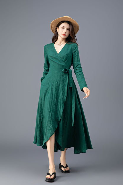 Women's Green Long Sleeves Linen Dress C3914