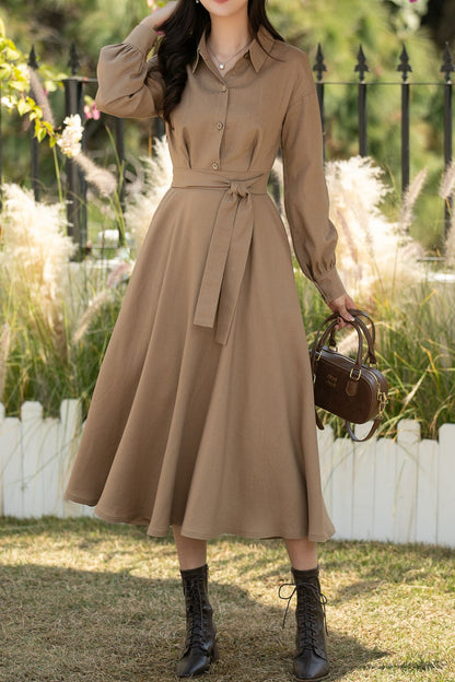 Khaki Linen Cotton Midi Shirt Dress – Casual Loose Fit Spring Dress for Women, Ylistyle C5439