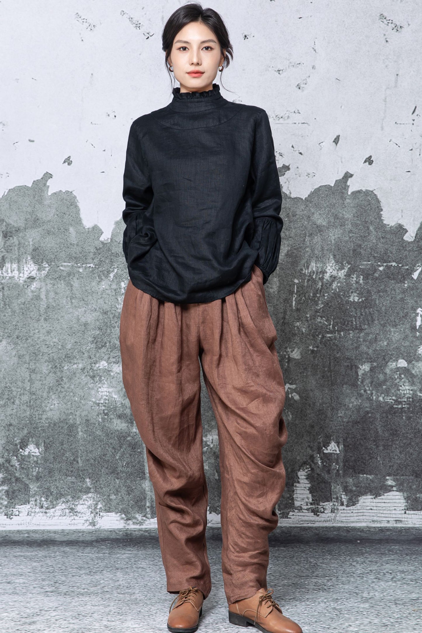 Brown Linen Harem Pants - High Waisted Wide Leg Relaxed Fit c5462