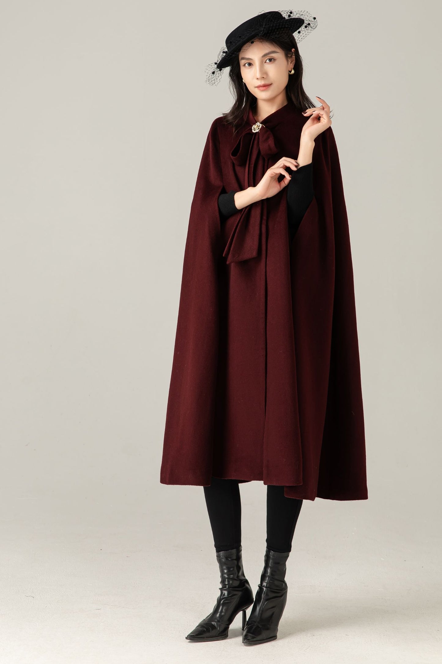 Burgundy Wool Blend Cape Coat: Women Long Winter Cape Outerwear, Ylistyle C5378