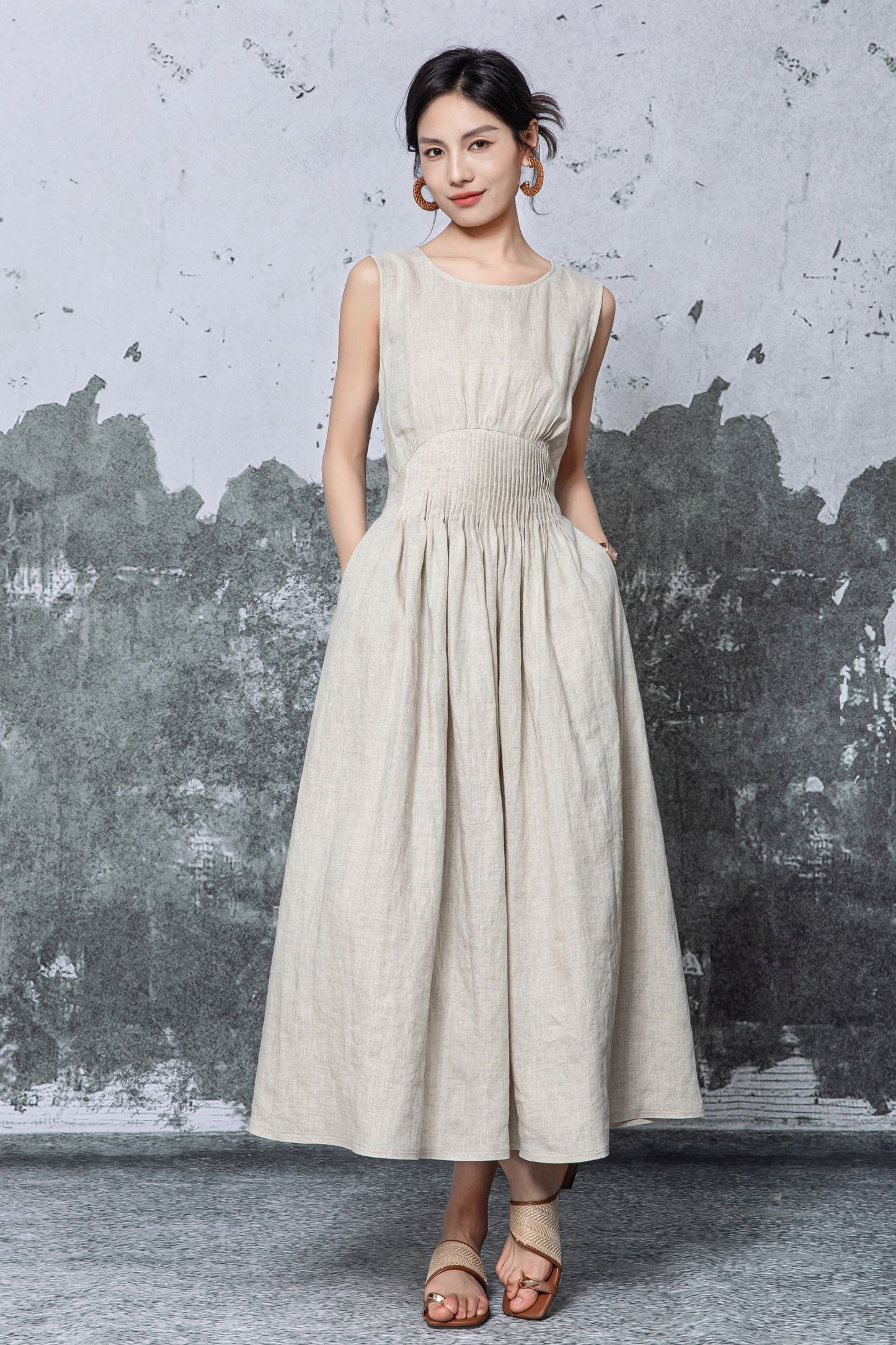 Natural Linen Maxi Dress - Sleeveless A-Line with Smocked Waist c5468