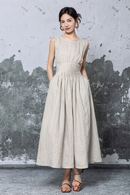 Natural Linen Maxi Dress - Sleeveless A-Line with Smocked Waist c5468