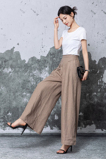 Brown Linen Wide Leg Pants - High Waisted Flowing Palazzo Trousers c5465