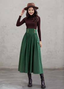 Midi winter green wool skirt women C4307