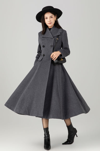 Gray double breasted long wool coat C5270
