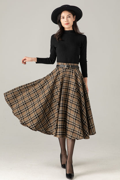 Wool Blend Plaid Midi Skirt : High Waist Swing Circle Skirt, Ylistyle C5375