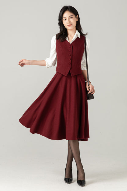 Burgundy Wool Blend Waistcoat: Vintage-Inspired Vest with Adjustable Back Tab, Ylistyle C5370