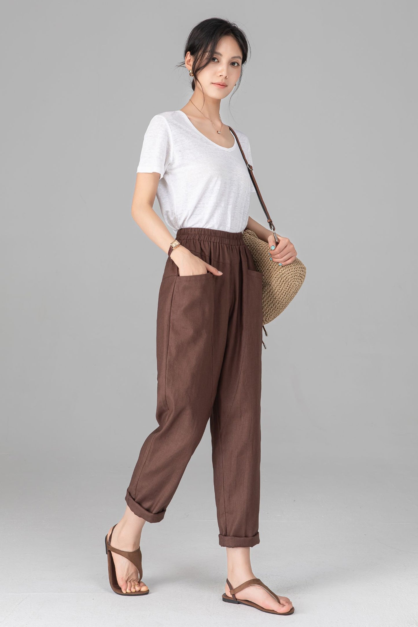 Brown Linen Cotton Harem Pants - Elastic Waist Relaxed Casual Trousers C5523