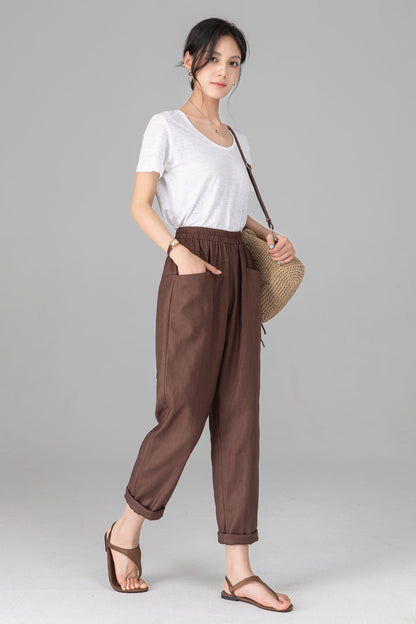Brown Linen Cotton Harem Pants - Elastic Waist Relaxed Casual Trousers C5523