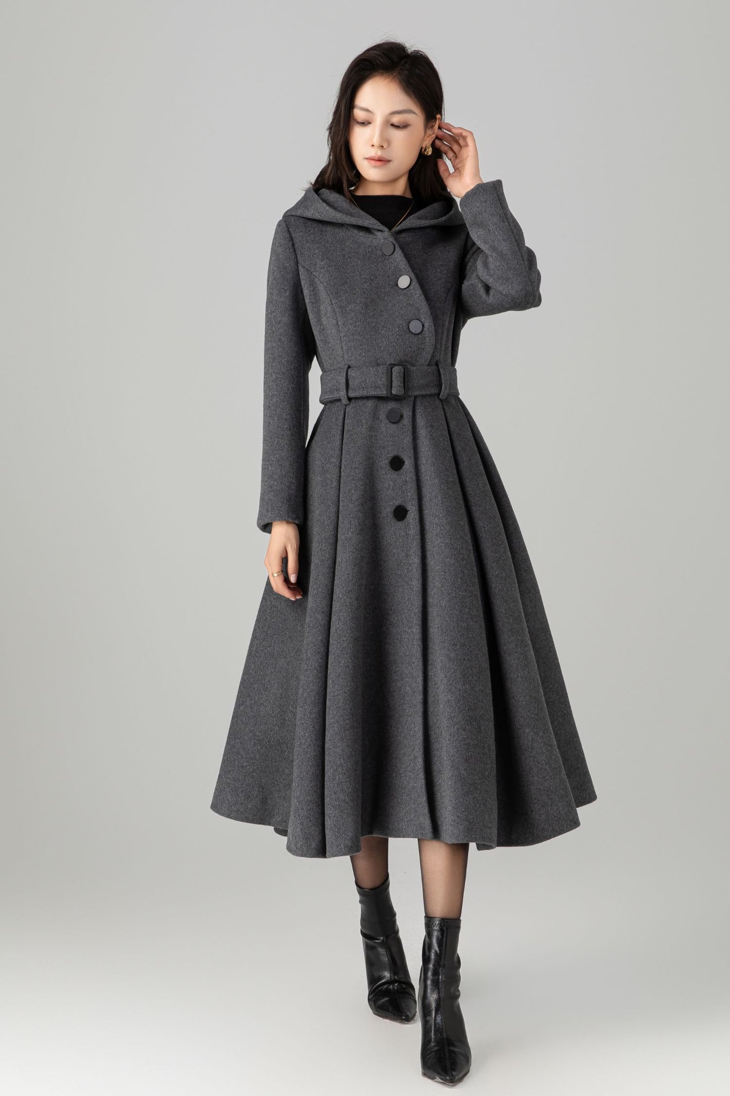 Swing gray long hooded wool coat C5269