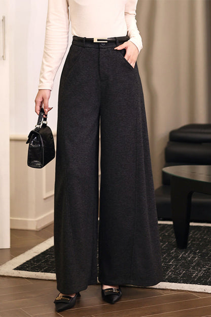 Gray wide leg long wool pants c5091