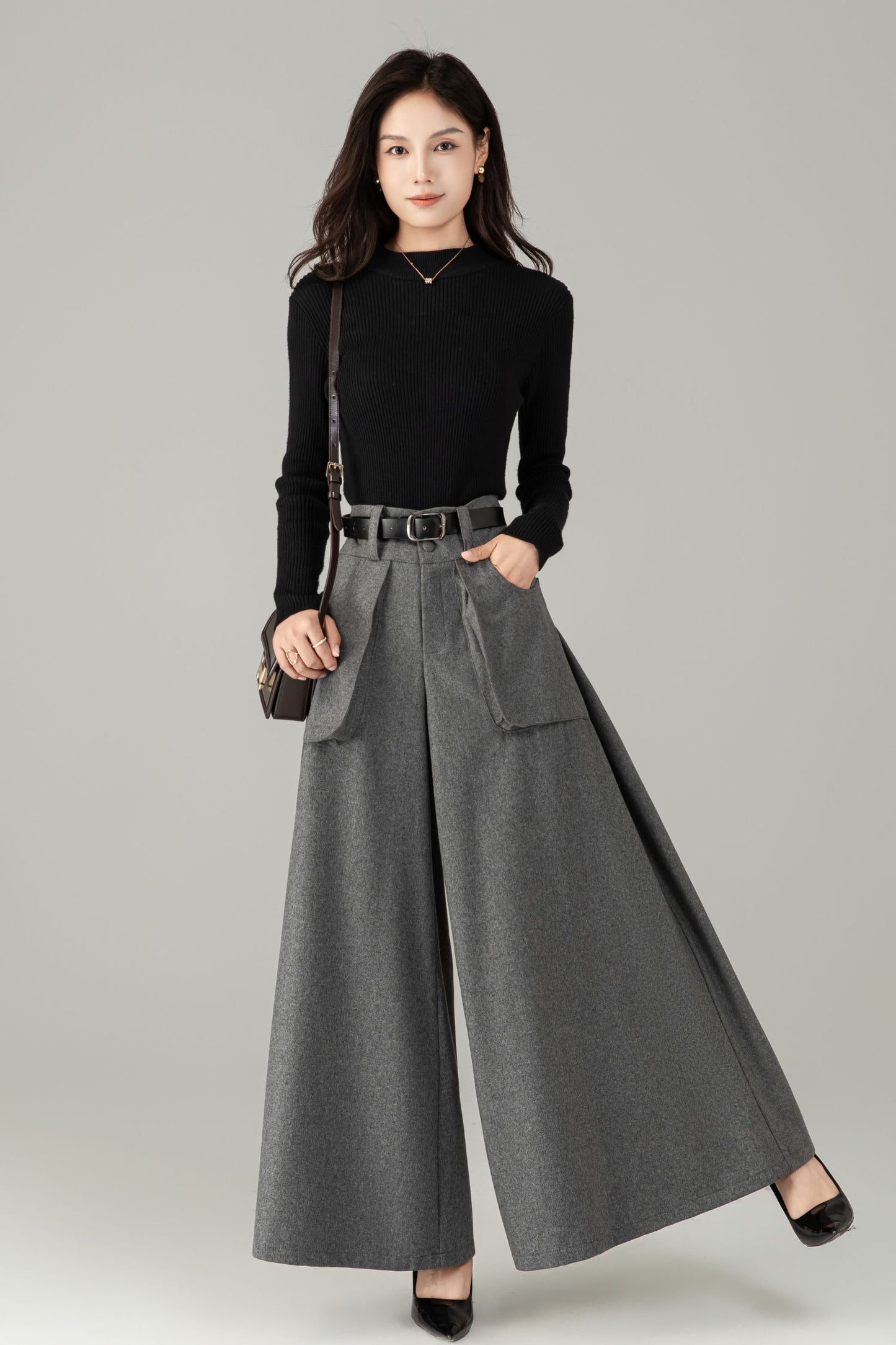High-Waist Wide-Leg Wool Trousers — Palazzo Wool Pants C5245