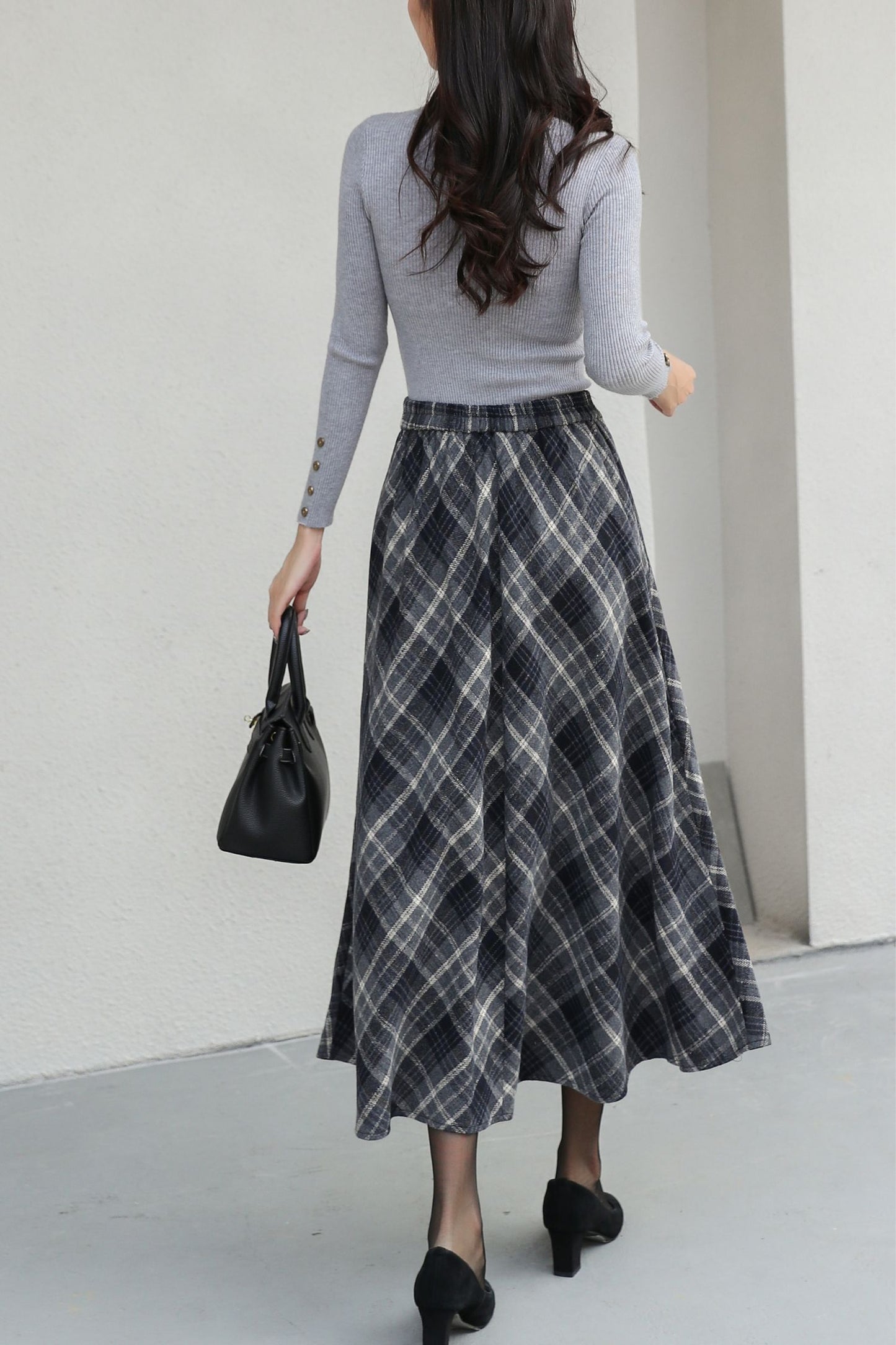 Plus Size Midi Plaid Wool Skirt C5188