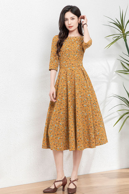 Floral swing linen dress women C4768