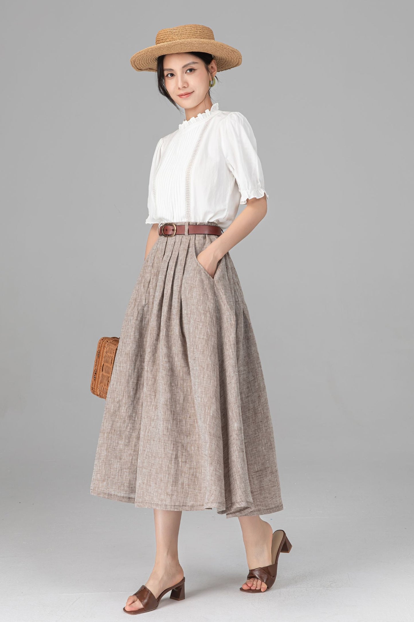 Beige Linen A-Line Midi Skirt with Pockets - Pleated & Comfortable C5520
