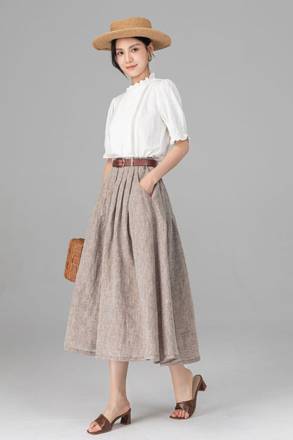 Beige Linen A-Line Midi Skirt with Pockets - Pleated & Comfortable C5520