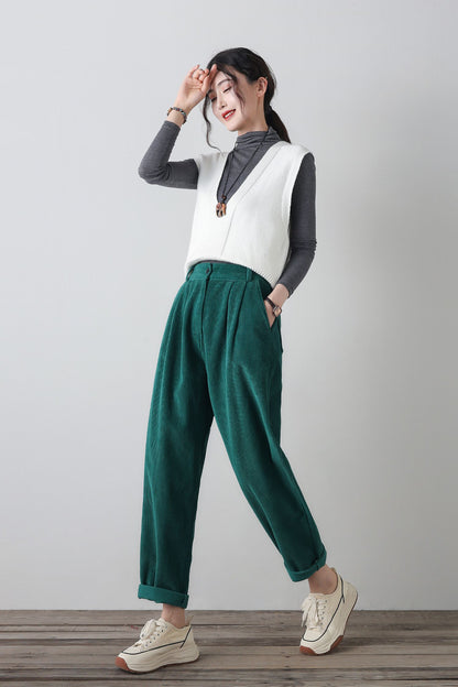 Green wide leg corduroy winter pants C4346