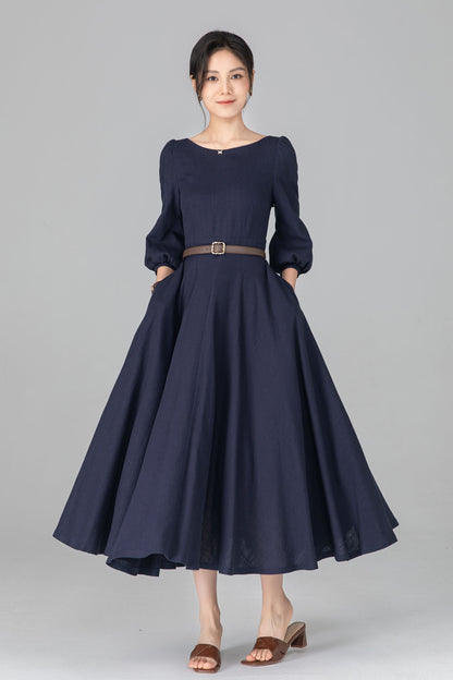 Navy Linen Cotton Midi Dress - A-Line Swing Dress with Boat Neck c5513