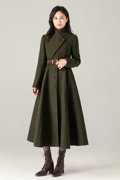 Olive Green Wool Blend Maxi Coat - Fit and Flare with Asymmetric Collar 5373